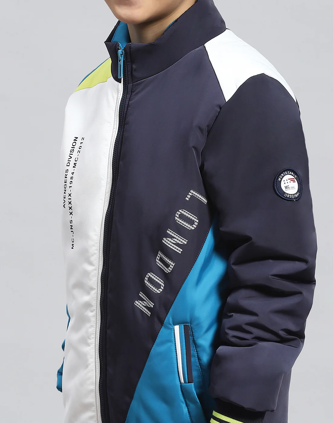 Boys Navy Blue Colourblocked Stand Collar Full Sleeve Boys Jacket - Image 6
