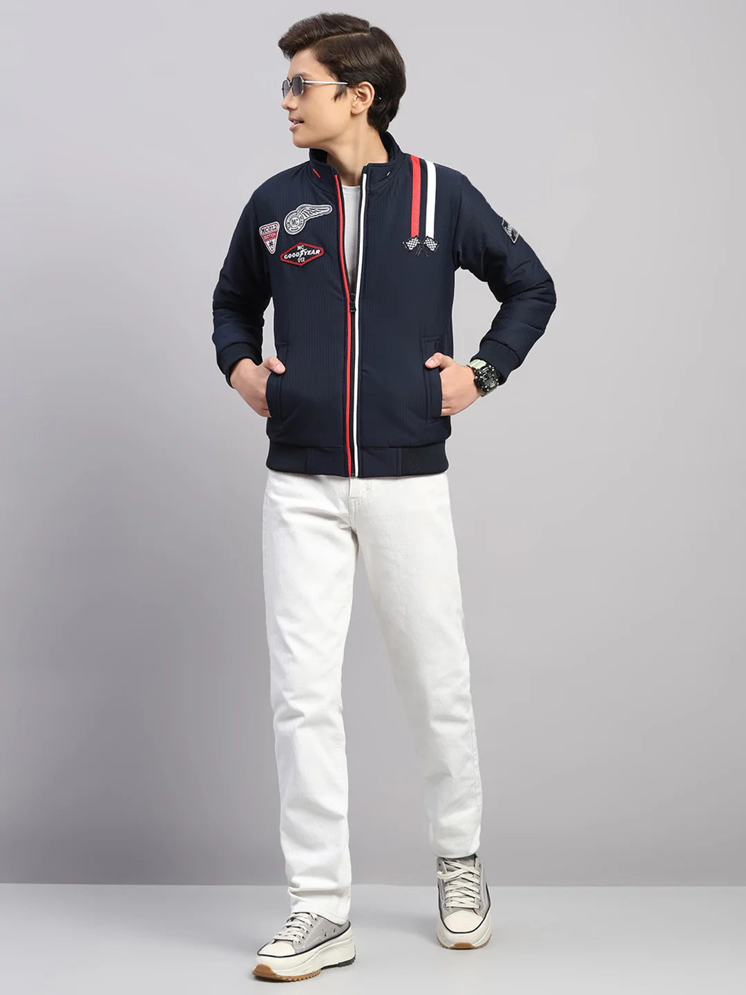 Boys Navy Blue Embroidered Collar Full Sleeve Jacket - Image 2