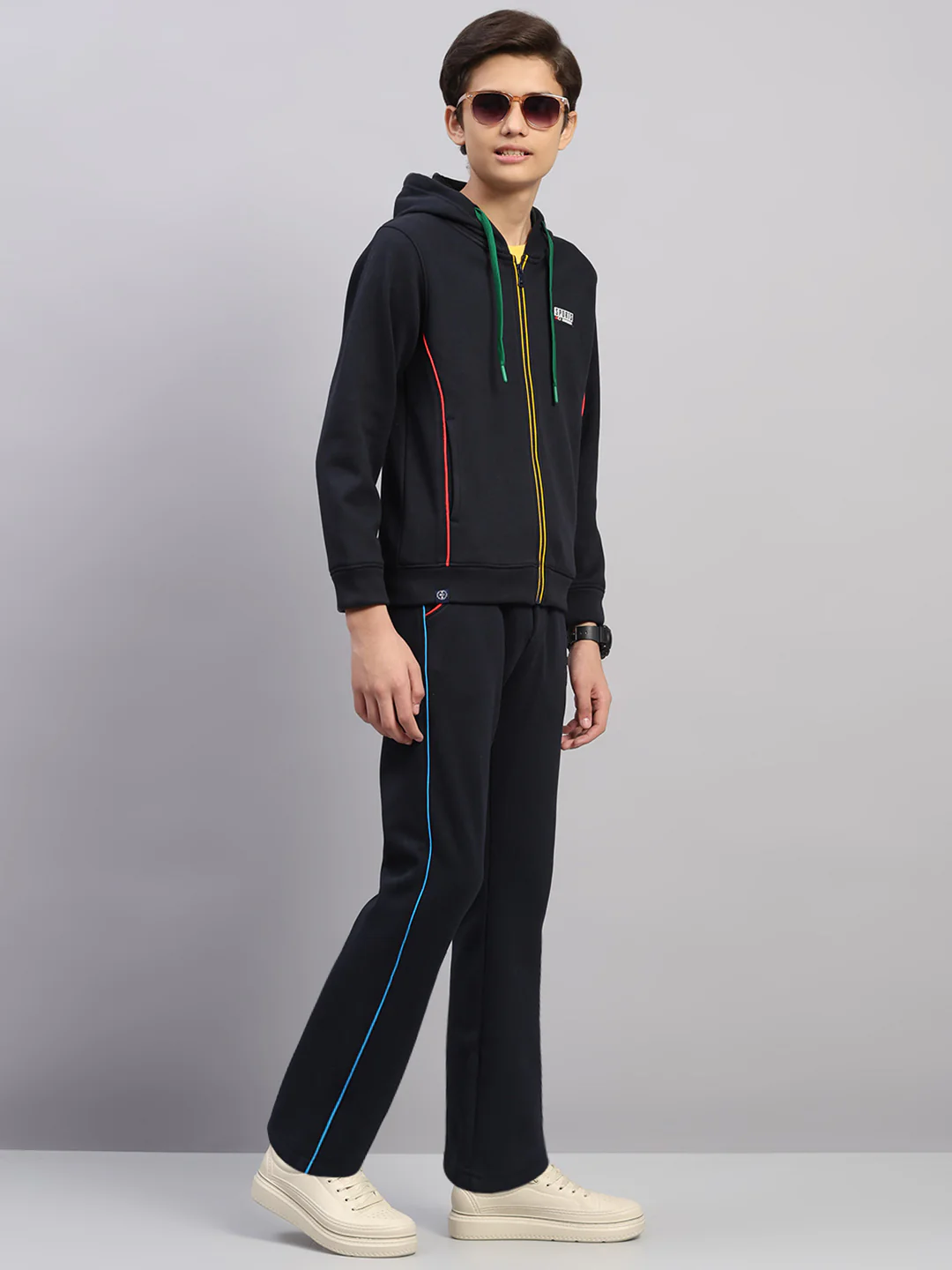 Boys Navy Blue Embroidered Collar Full Sleeve Winter Tracksuit - Image 4