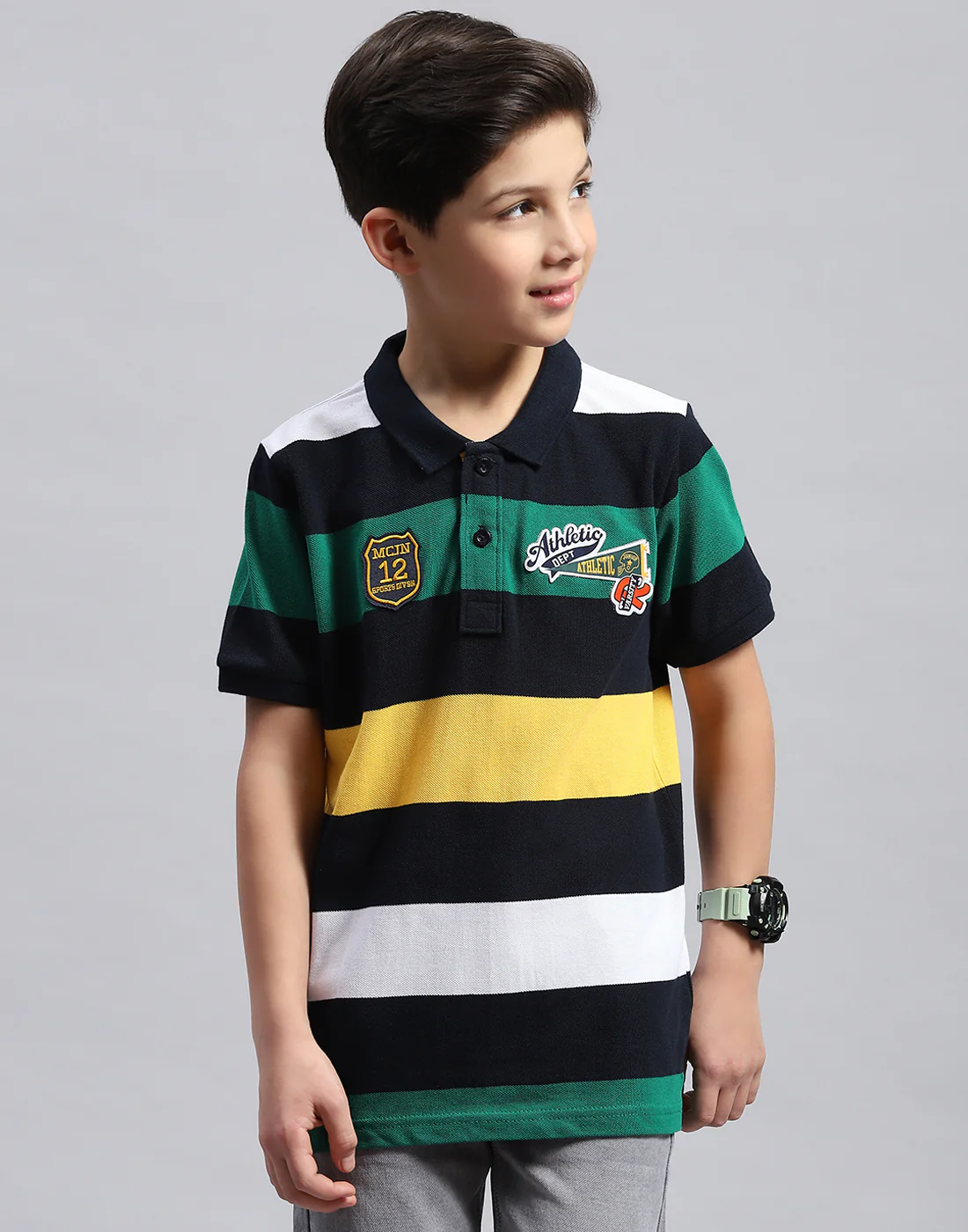 Boys Navy Blue & Green Printed Collar Half Sleeve T-Shirt - Image 2