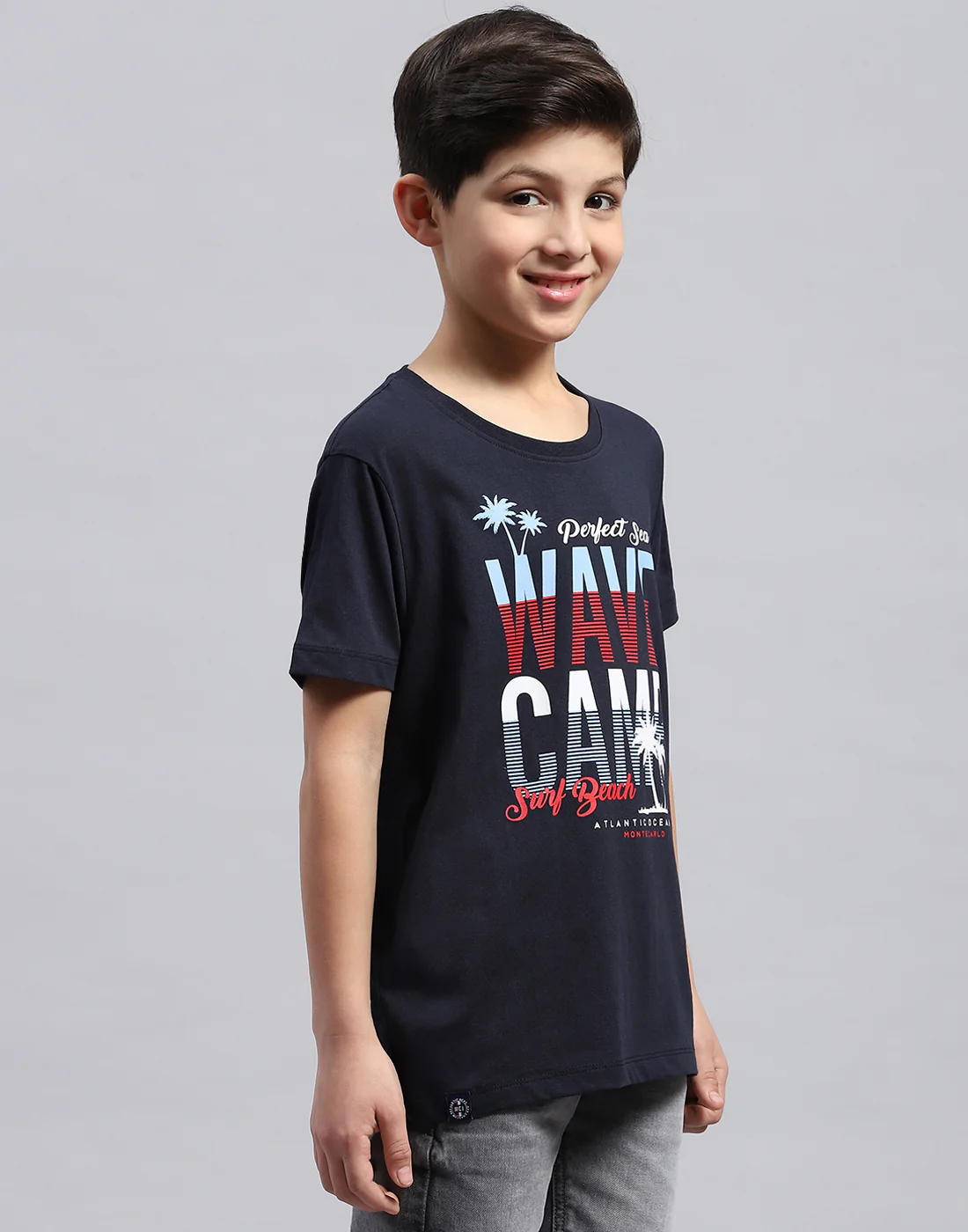 Boys Navy Blue & Green Printed Round Neck Half Sleeve T-Shirt - Image 5