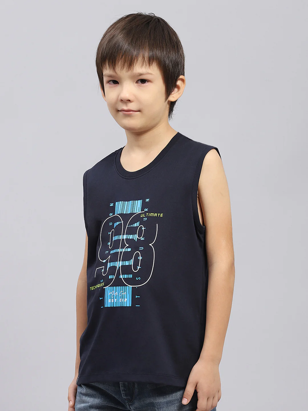 Boys Navy Blue & Green Printed Round Neck Sleeveless T-Shirt (Pack of 2) - Image 3