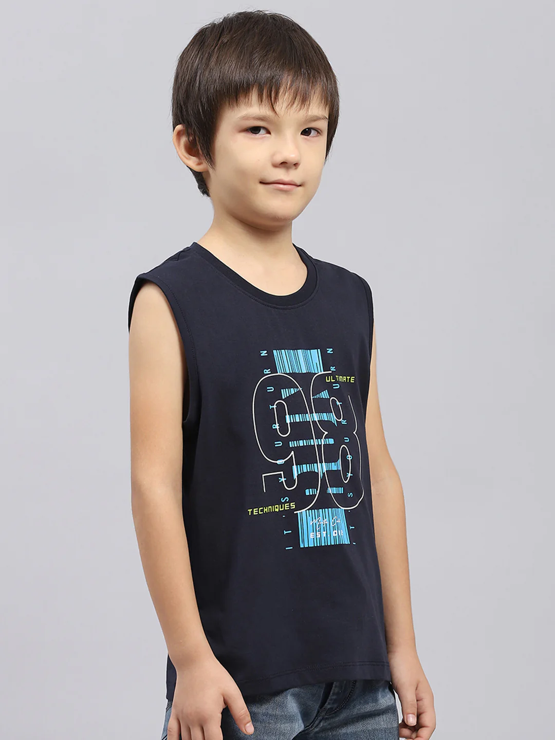 Boys Navy Blue & Green Printed Round Neck Sleeveless T-Shirt (Pack of 2) - Image 4