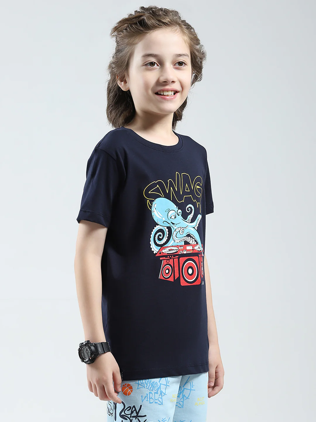 Boys Navy Blue & Green Printed Round Neck Half Sleeve T-Shirt (Pack of 2) - Image 5