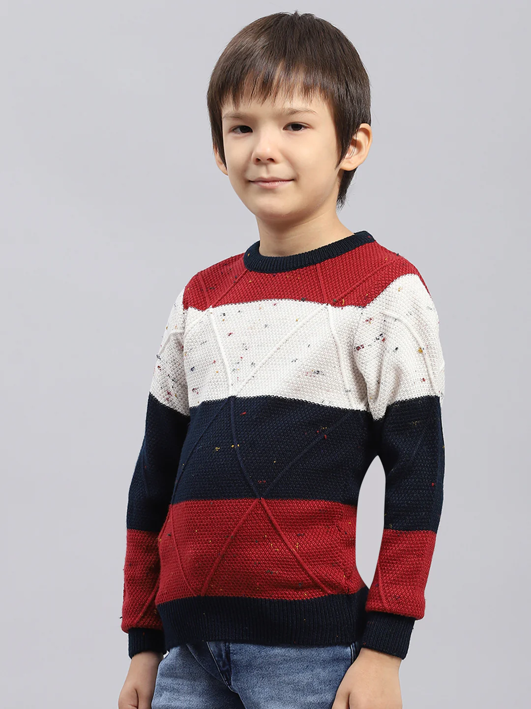 Boys Navy Blue & Maroon Self Design Round Neck Full Sleeve Pullover - Image 3