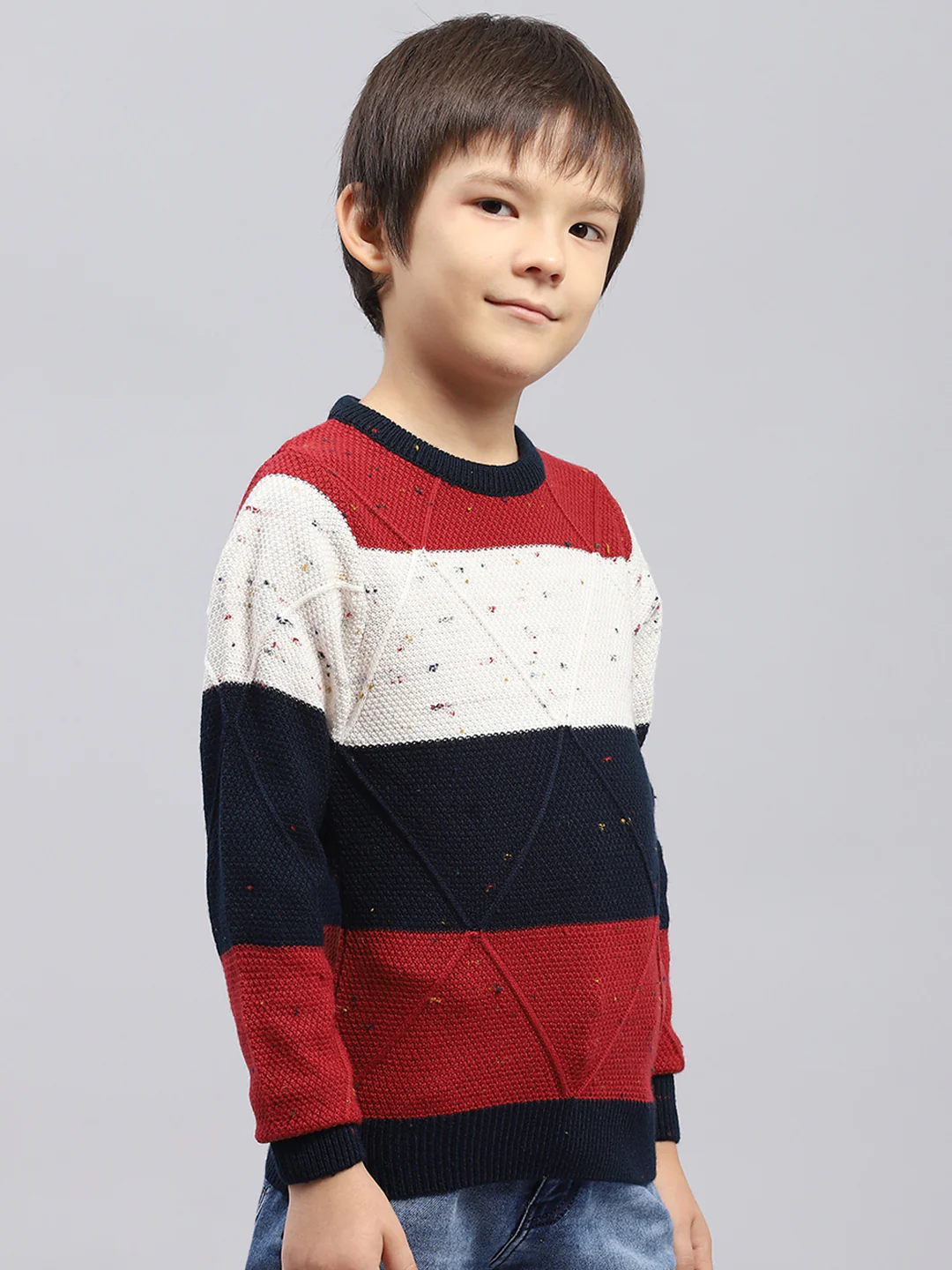 Boys Navy Blue & Maroon Self Design Round Neck Full Sleeve Pullover - Image 4