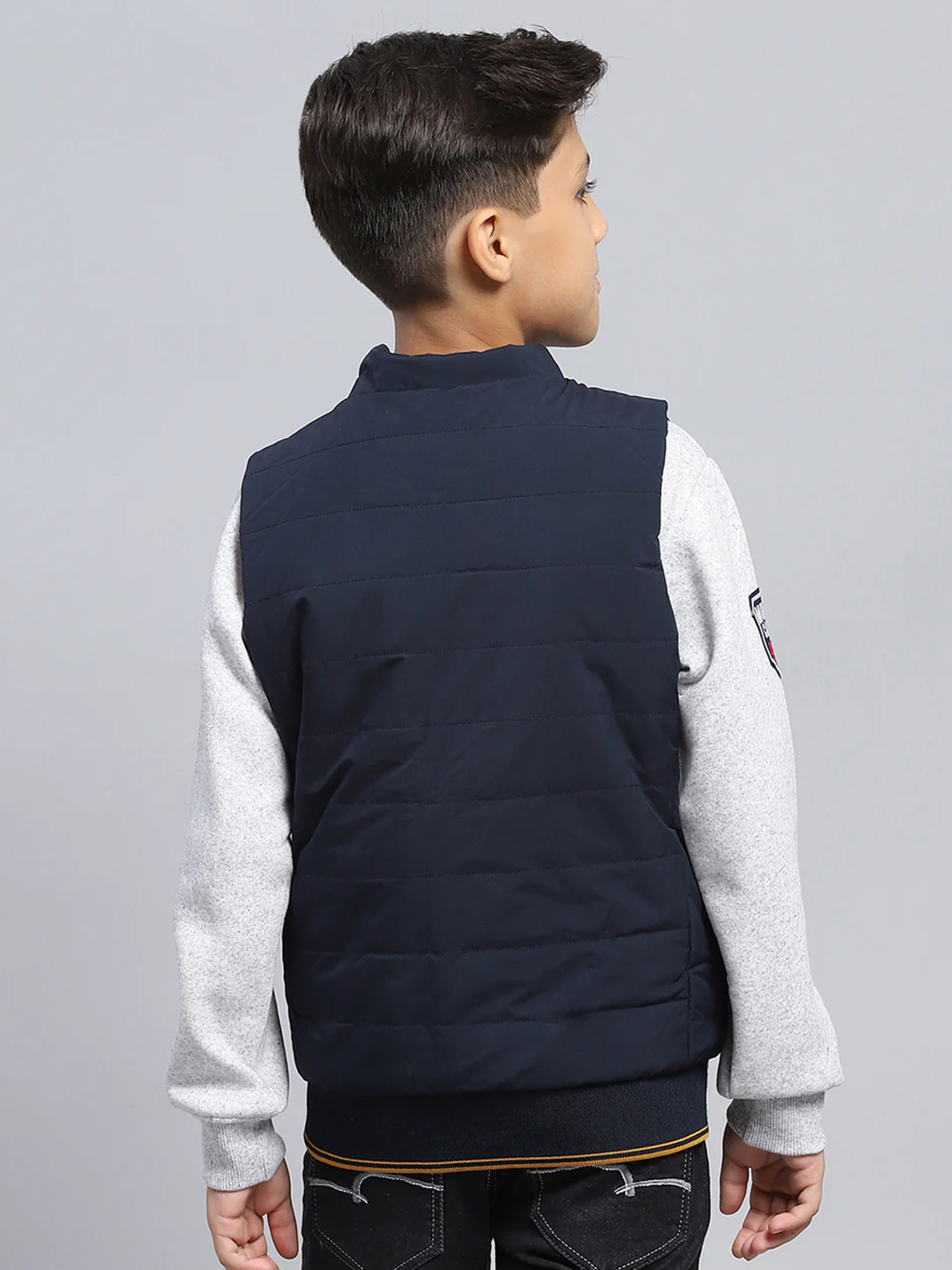 Boys Navy Blue & Mustard Solid Mock Neck Sleeveless Reversible Jacket - Image 8