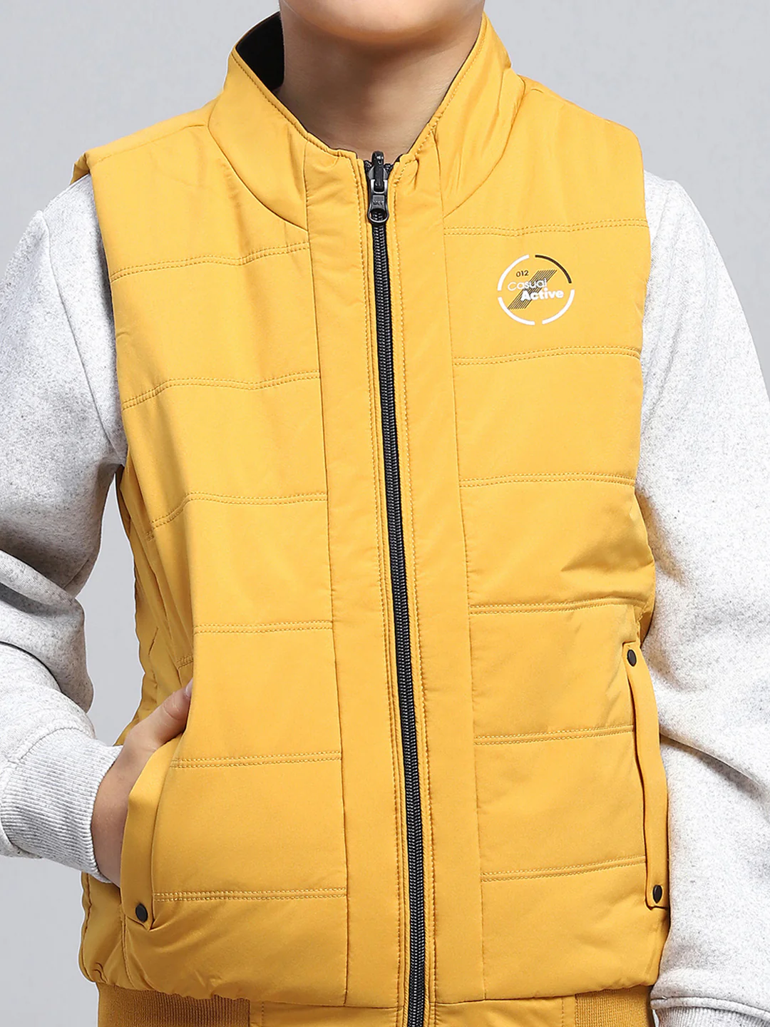 Boys Navy Blue & Mustard Solid Mock Neck Sleeveless Reversible Jacket - Image 9