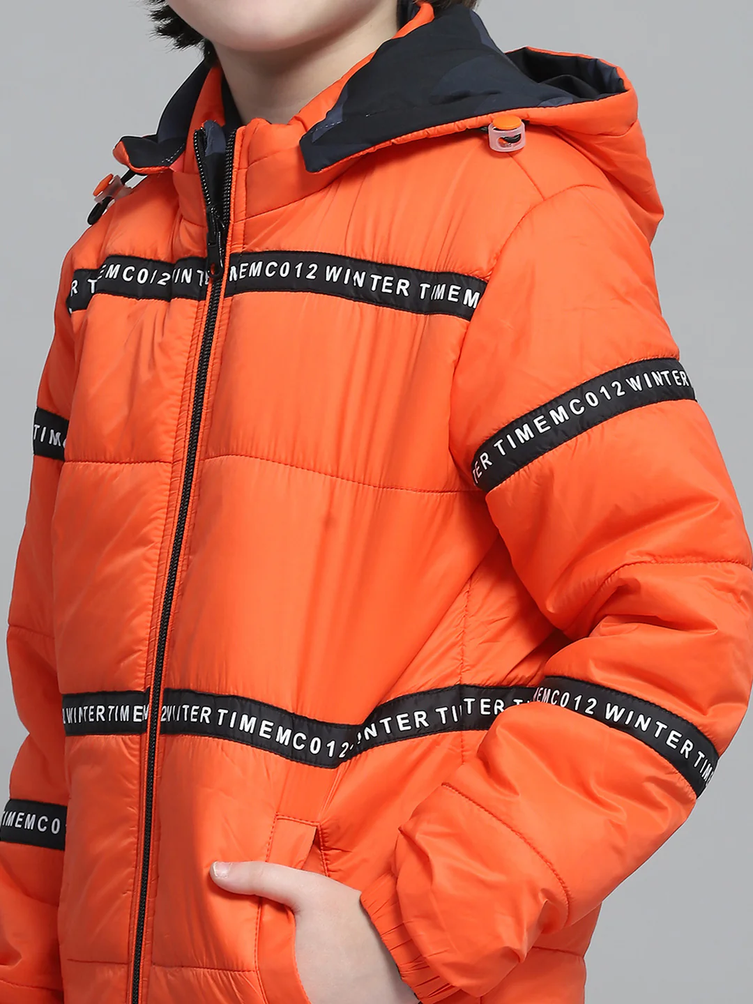 Boys Navy Blue & Orange Printed Hooded Full Sleeve Reversible Jacket - Image 11