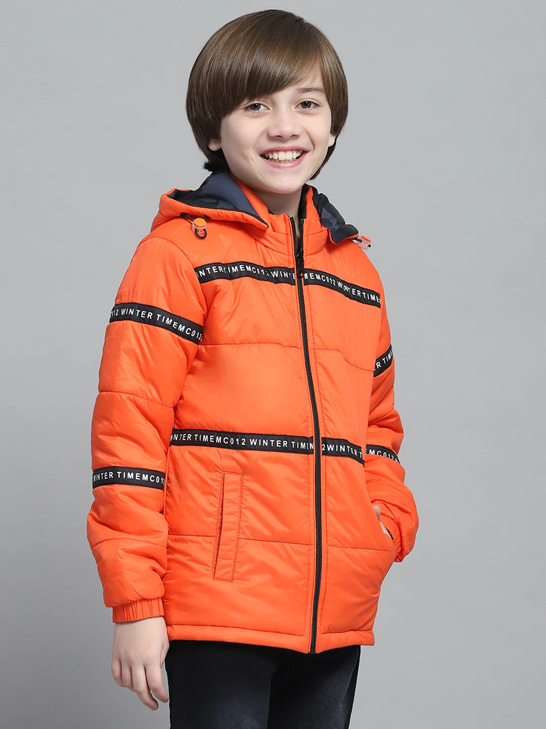 Boys Navy Blue & Orange Printed Hooded Full Sleeve Reversible Jacket - Image 7