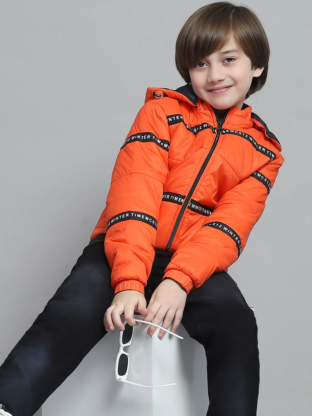 Boys Navy Blue & Orange Printed Hooded Full Sleeve Reversible Jacket - Image 9