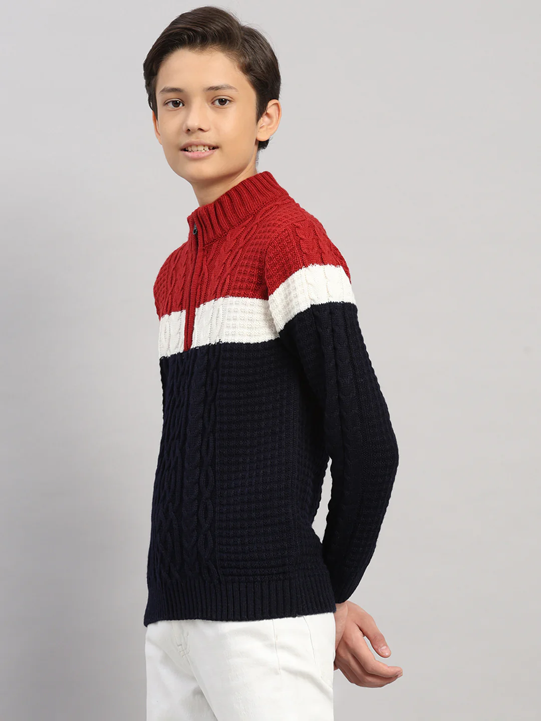 Boys Navy Blue Printed Collar Full Sleeve Pullover - Image 3