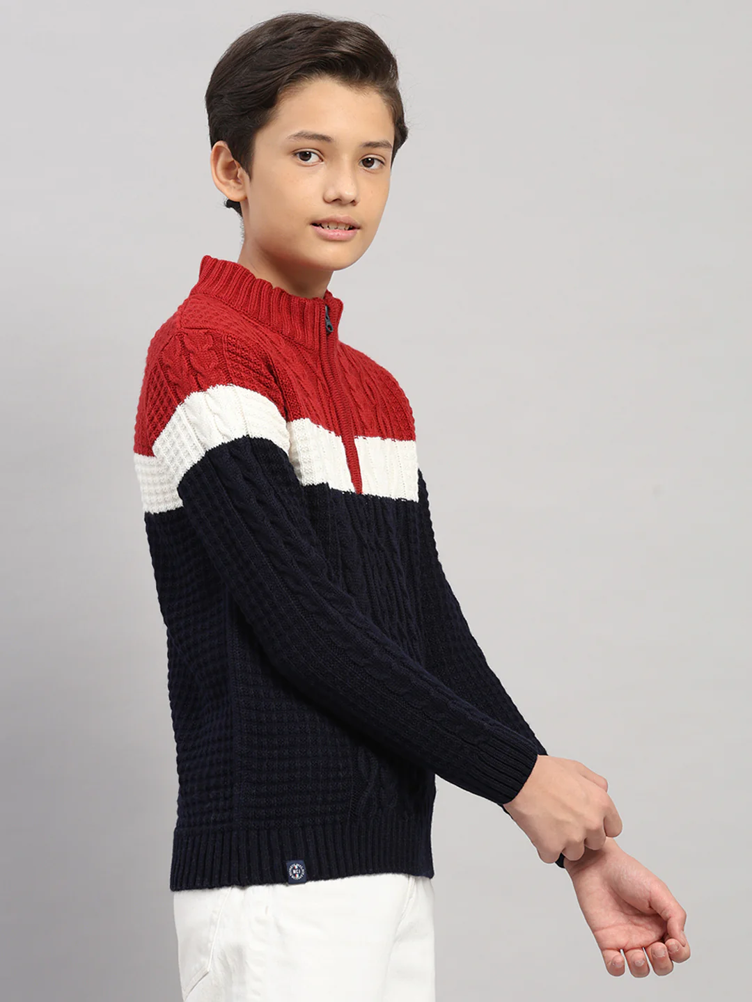 Boys Navy Blue Printed Collar Full Sleeve Pullover - Image 4