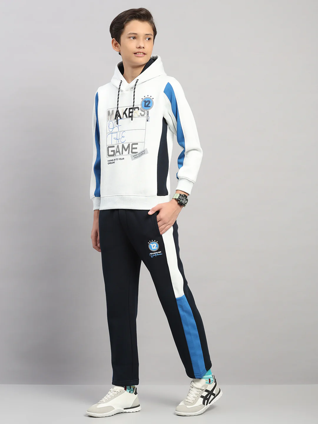 Boys Navy Blue Printed Collar Full Sleeve Winter Tracksuit - Image 3
