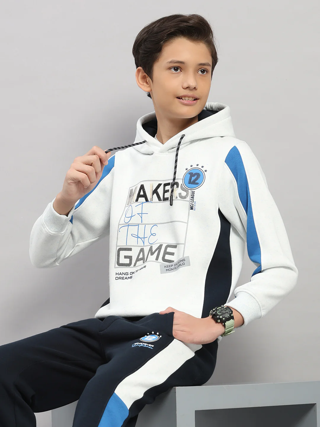 Boys Navy Blue Printed Collar Full Sleeve Winter Tracksuit - Image 6