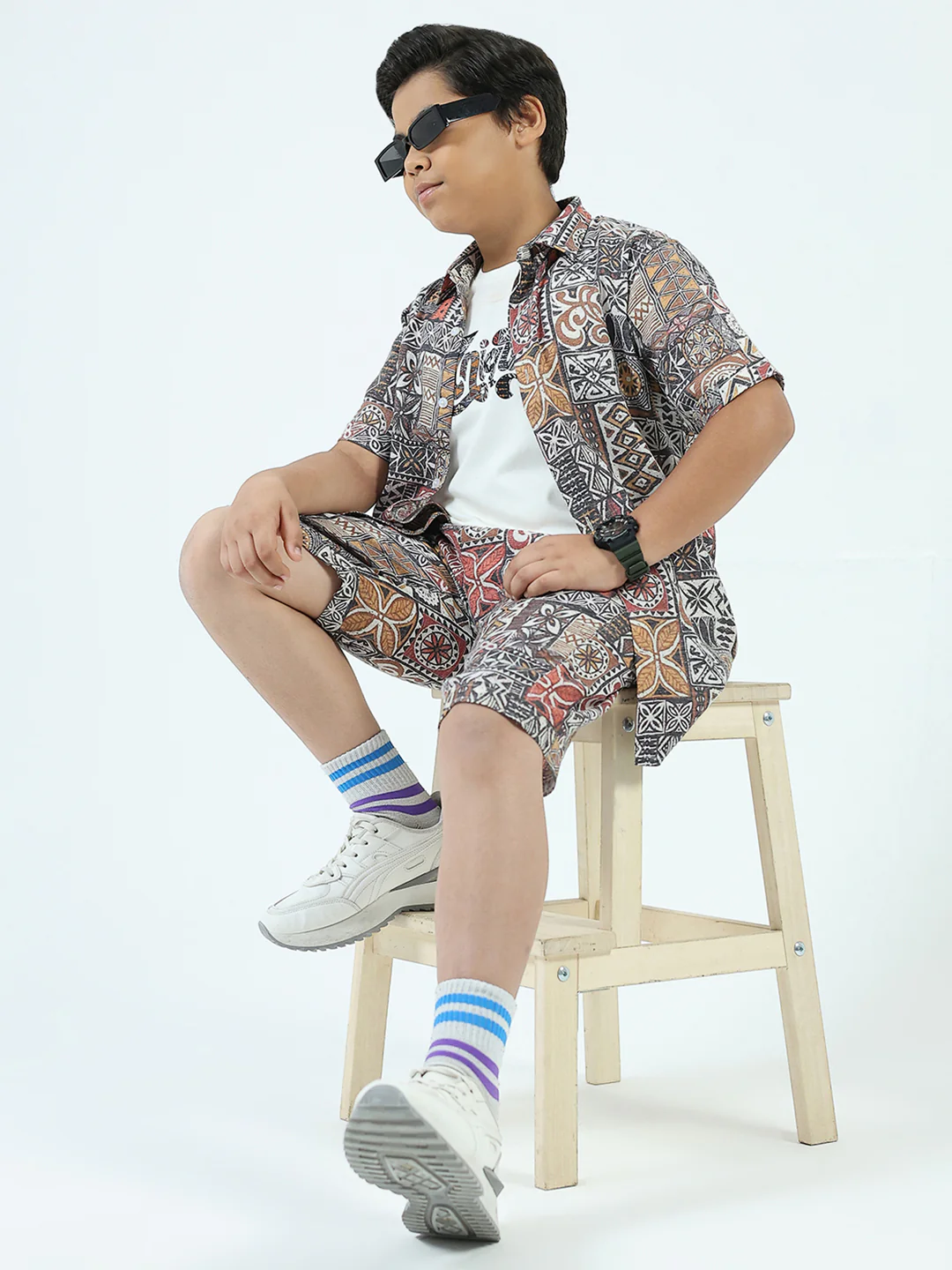 Boys Navy Blue Printed Collar Half Sleeve 3 Pcs Cords Set - Image 2