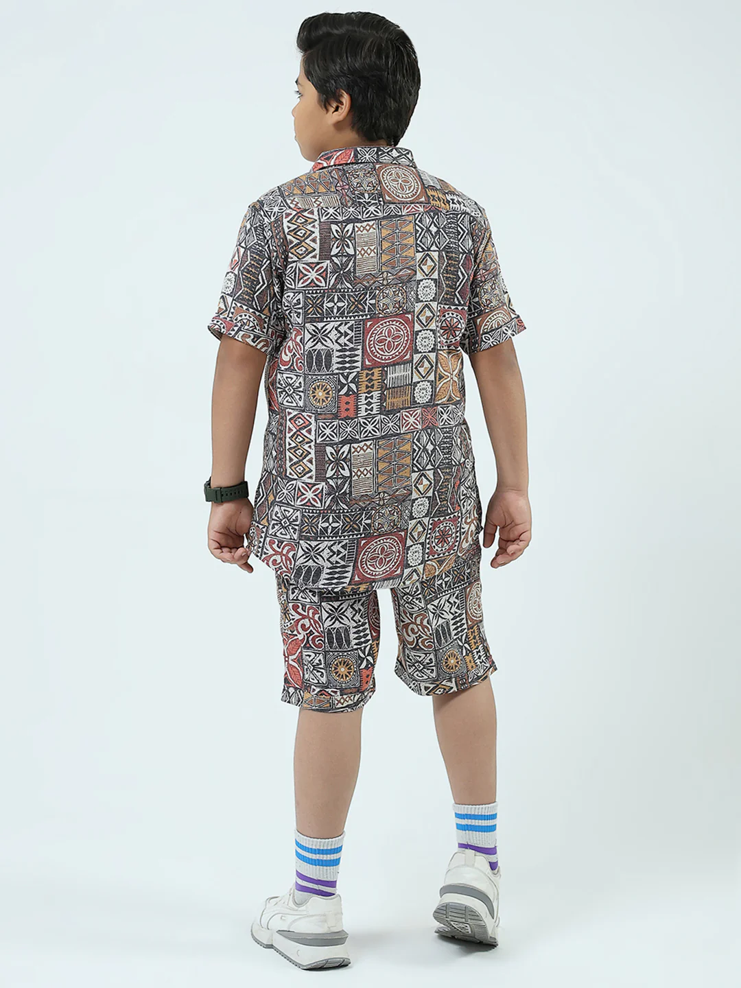 Boys Navy Blue Printed Collar Half Sleeve 3 Pcs Cords Set - Image 5