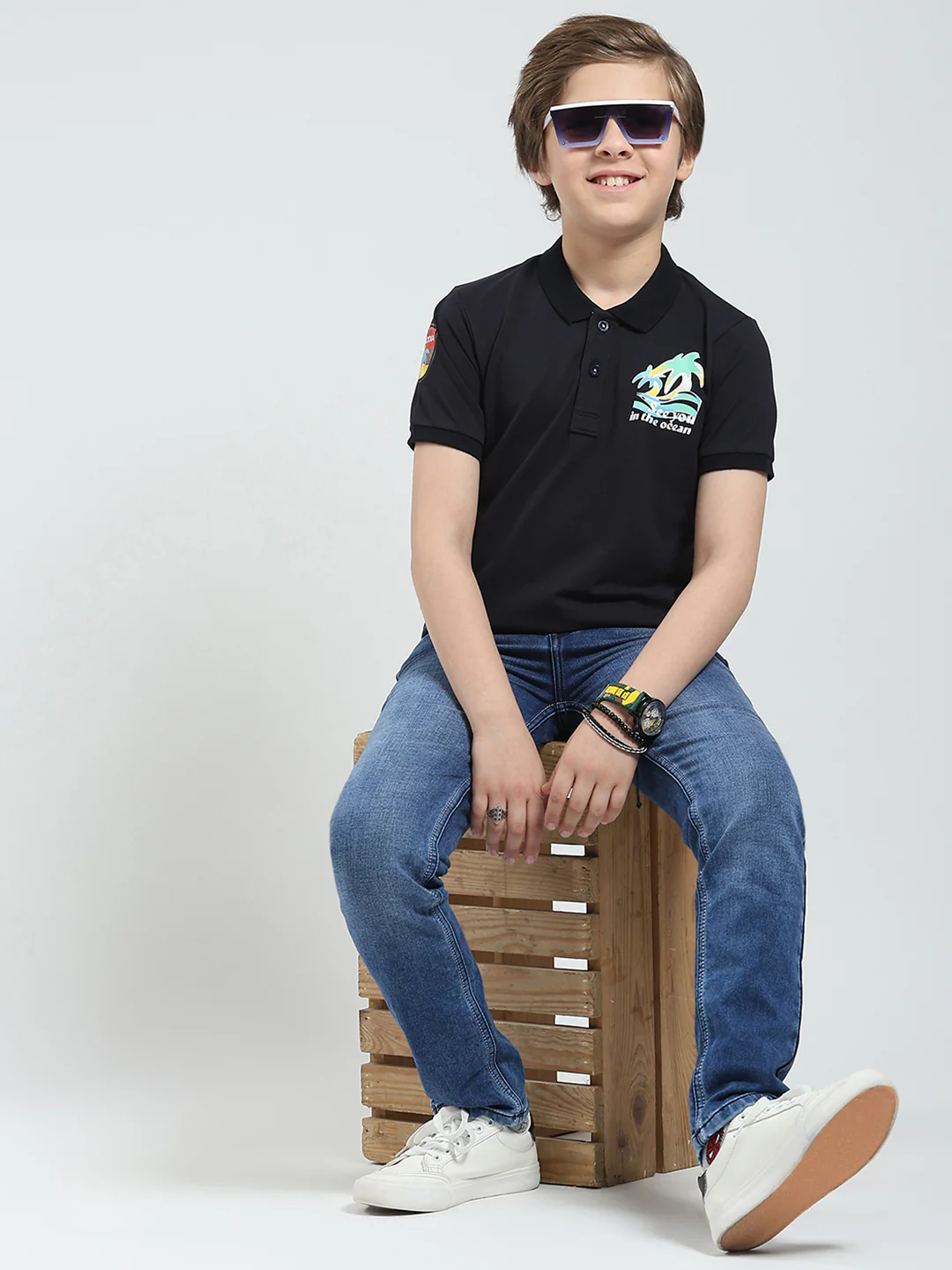 Boys Navy Blue Printed Collar Half Sleeve T-Shirt - Image 2