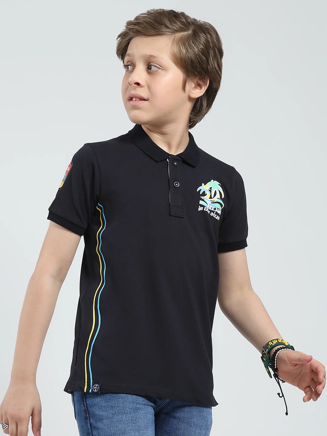 Boys Navy Blue Printed Collar Half Sleeve T-Shirt - Image 4