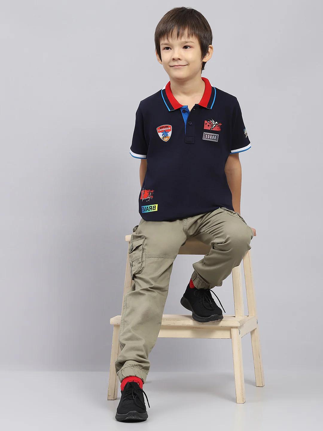 Boys Navy Blue Printed Collar Half Sleeve T-Shirt - Image 2