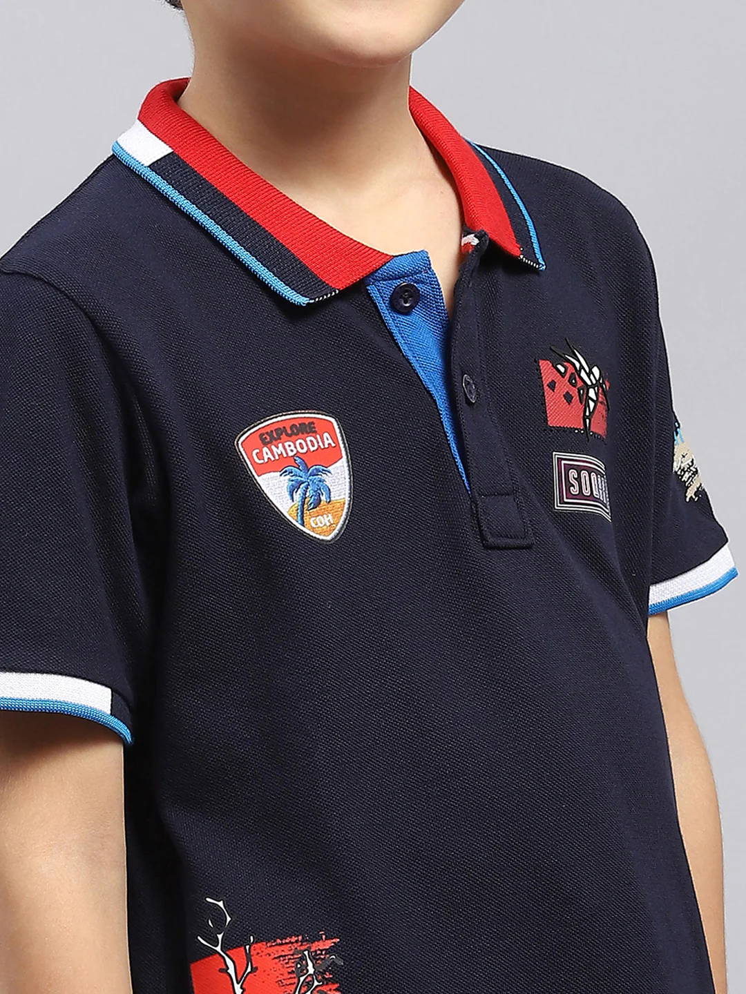 Boys Navy Blue Printed Collar Half Sleeve T-Shirt - Image 6