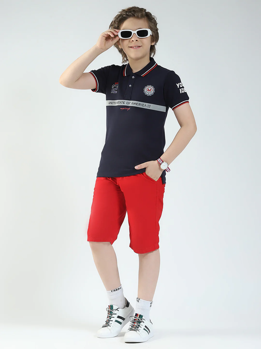 Boys Navy Blue Printed Collar Half Sleeve T-Shirt - Image 2