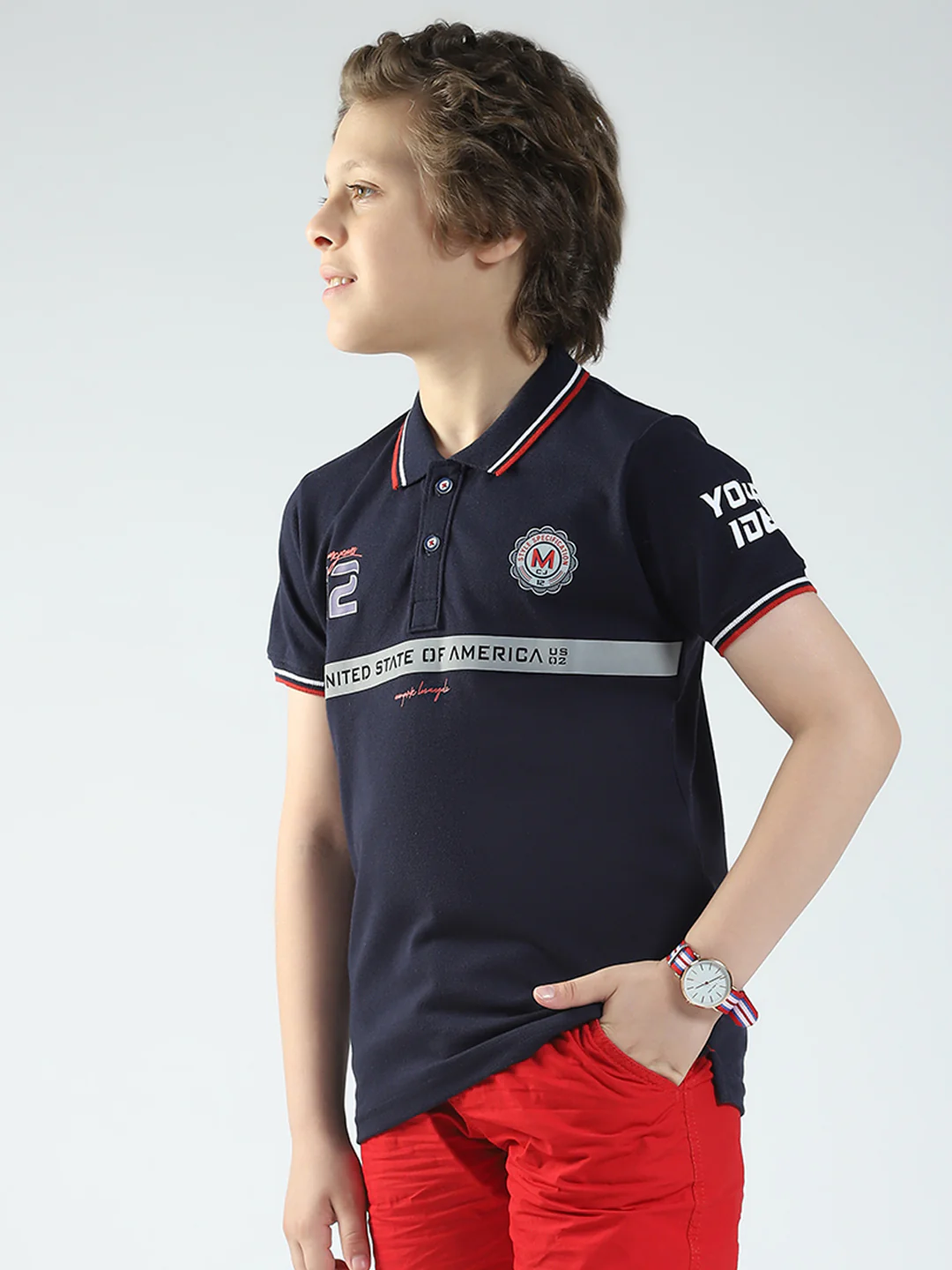 Boys Navy Blue Printed Collar Half Sleeve T-Shirt - Image 3