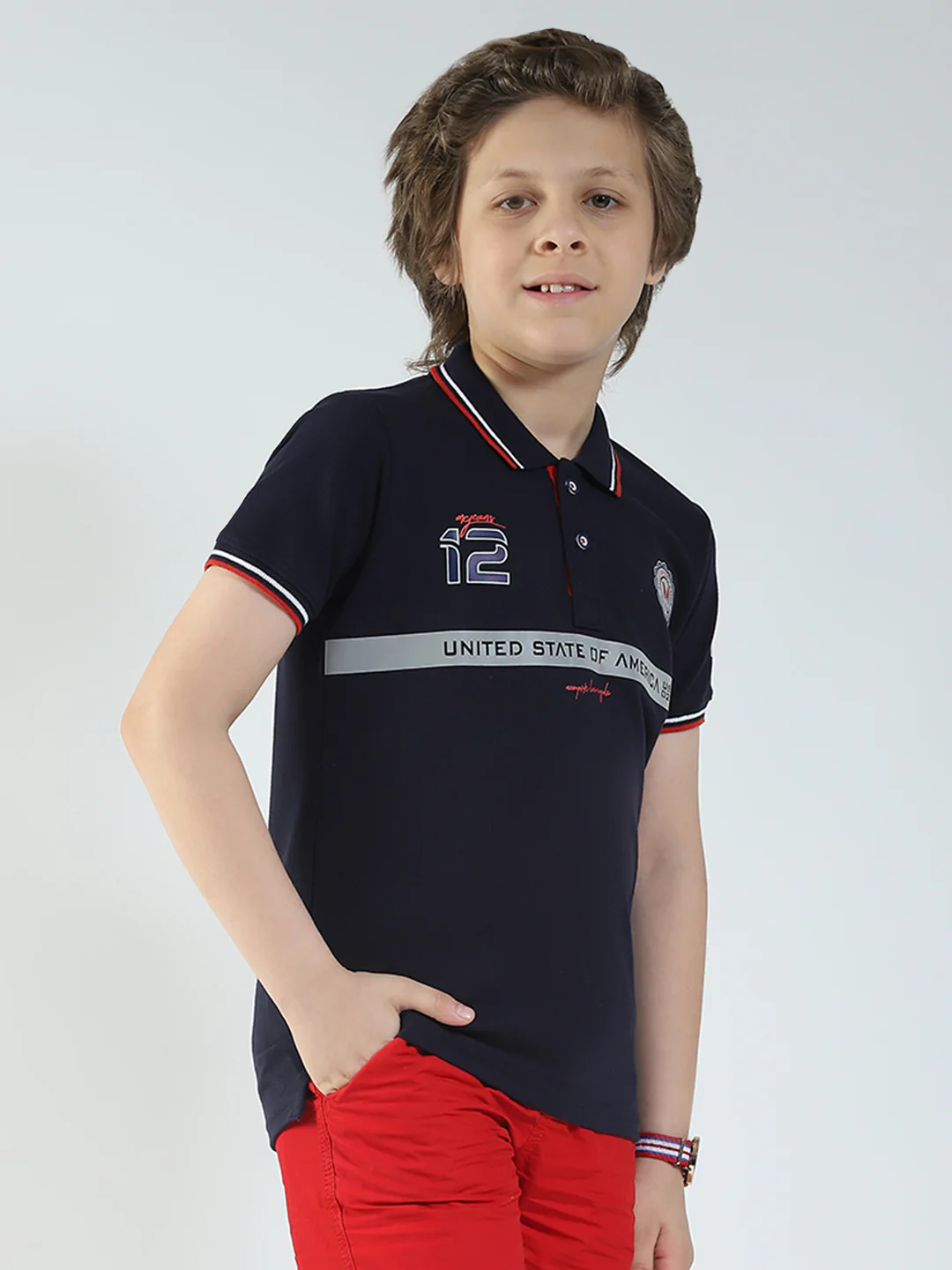 Boys Navy Blue Printed Collar Half Sleeve T-Shirt - Image 4