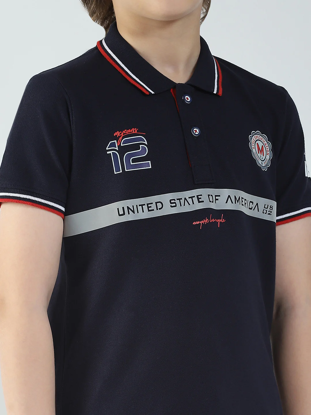 Boys Navy Blue Printed Collar Half Sleeve T-Shirt - Image 6