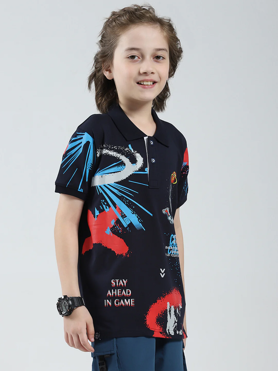 Boys Navy Blue Printed Collar Half Sleeve T-Shirt - Image 4