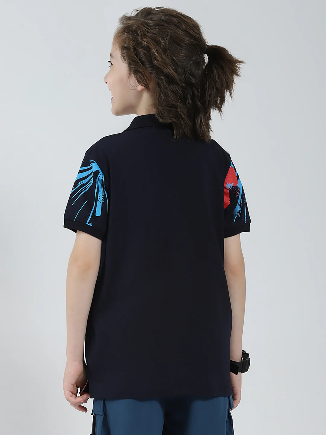 Boys Navy Blue Printed Collar Half Sleeve T-Shirt - Image 5