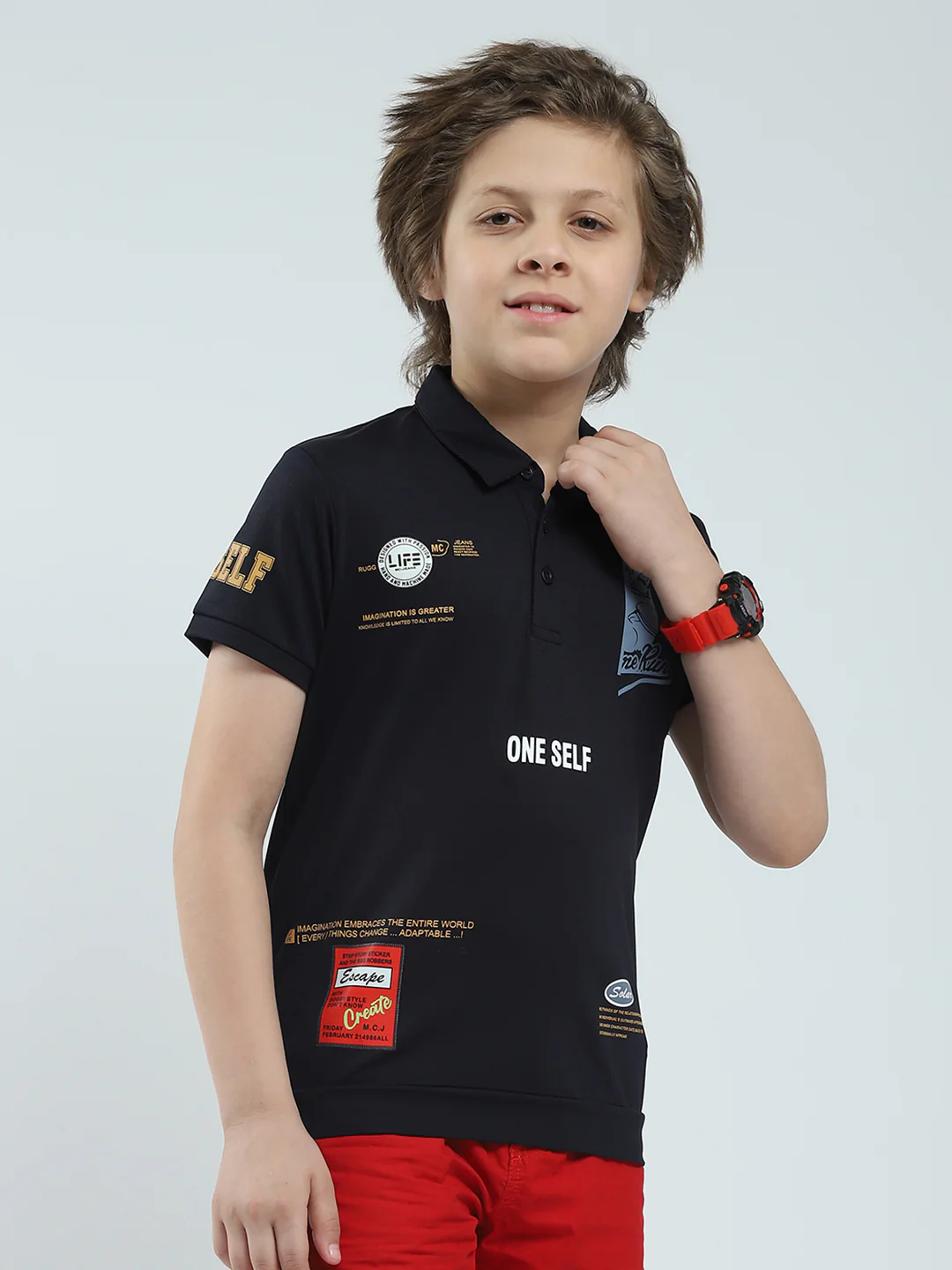 Boys Navy Blue Printed Collar Half Sleeve T-Shirt - Image 4
