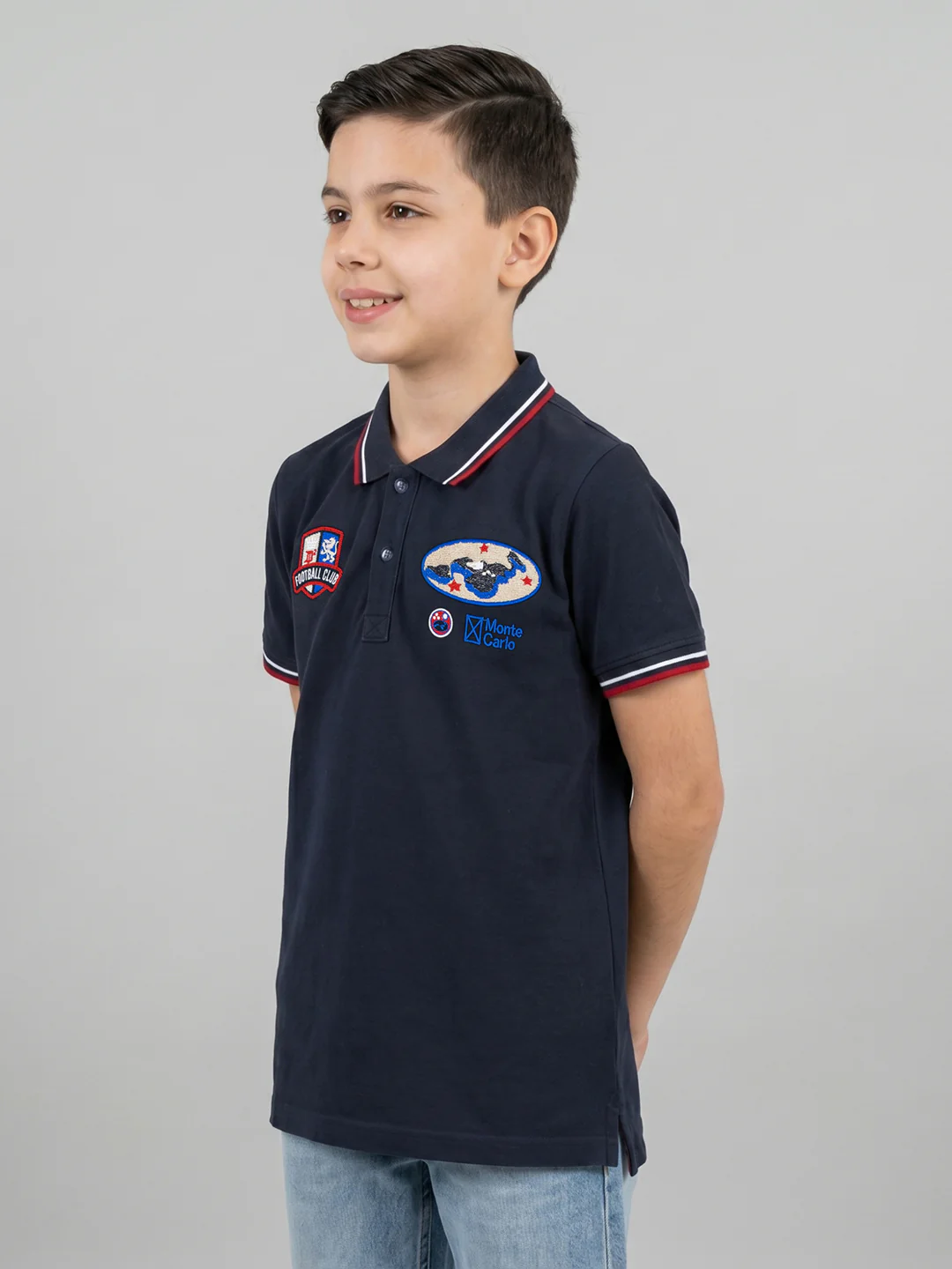 Boys Navy Blue Printed Collar Half Sleeve T-Shirt - Image 3