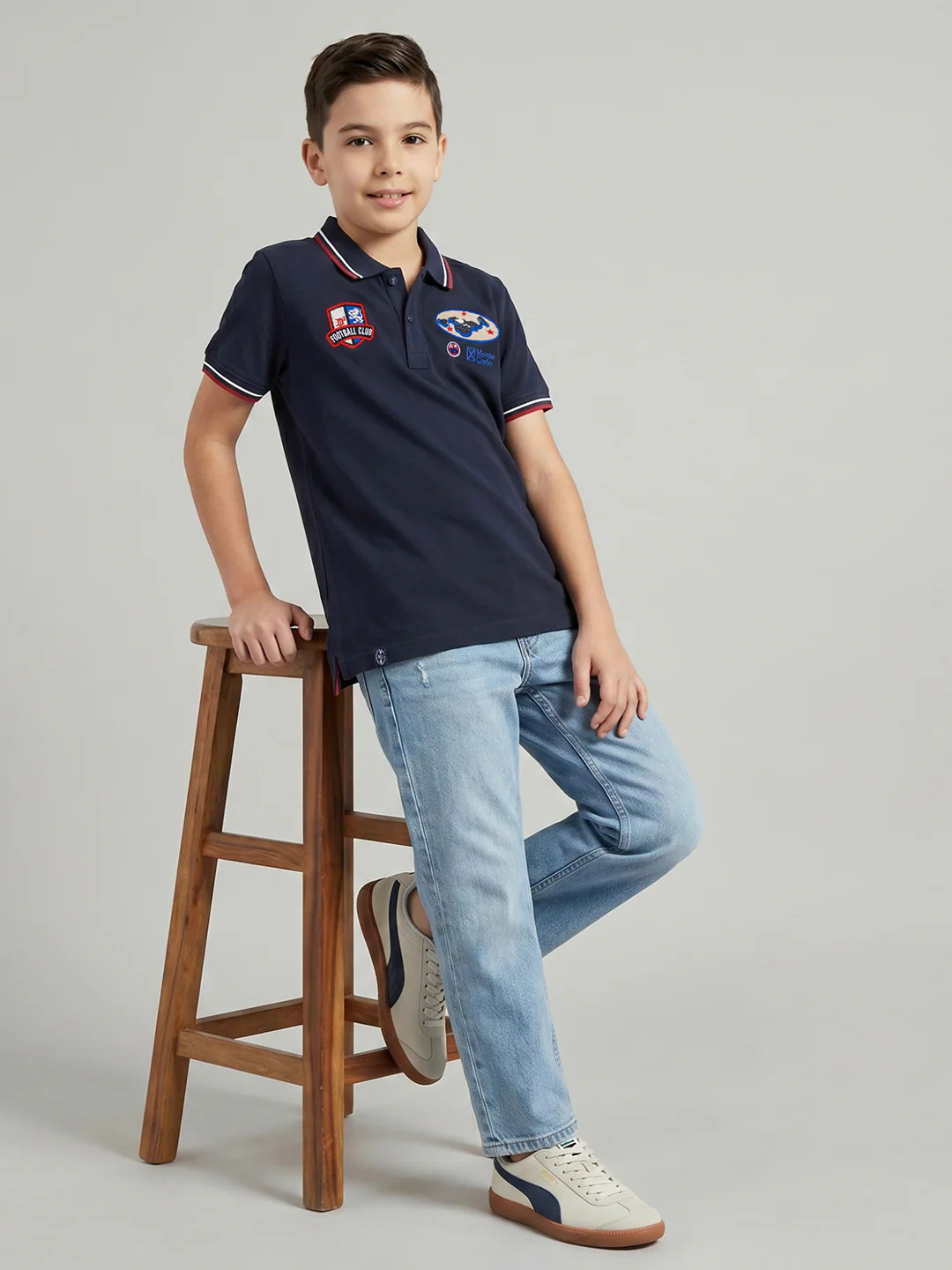 Boys Navy Blue Printed Collar Half Sleeve T-Shirt - Image 5