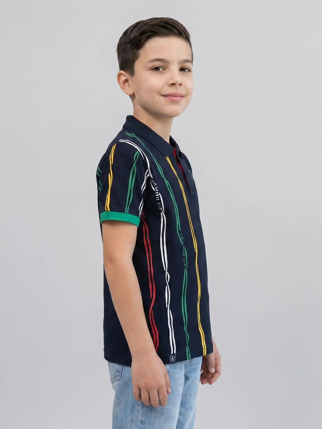 Boys Navy Blue Printed Collar Half Sleeve T-Shirt - Image 2