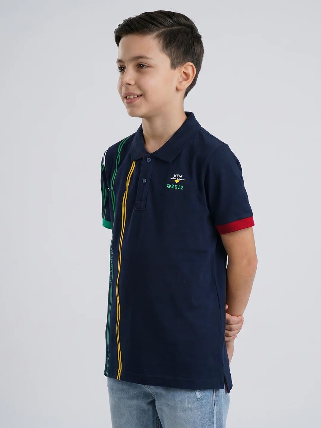 Boys Navy Blue Printed Collar Half Sleeve T-Shirt - Image 3