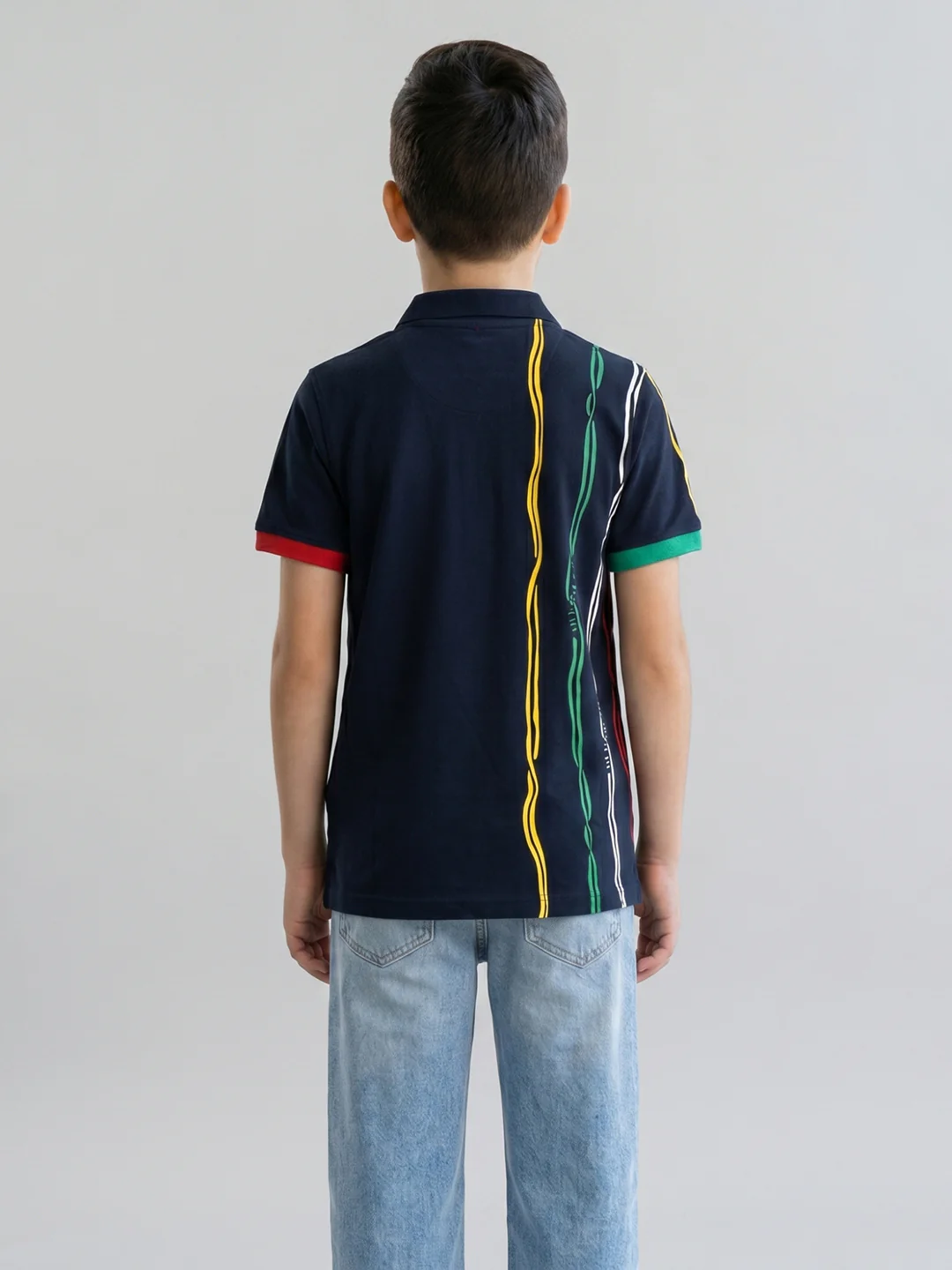 Boys Navy Blue Printed Collar Half Sleeve T-Shirt - Image 4