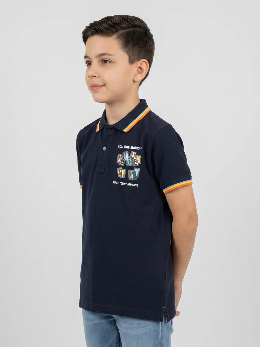 Boys Navy Blue Printed Collar Half Sleeve T-Shirt - Image 2
