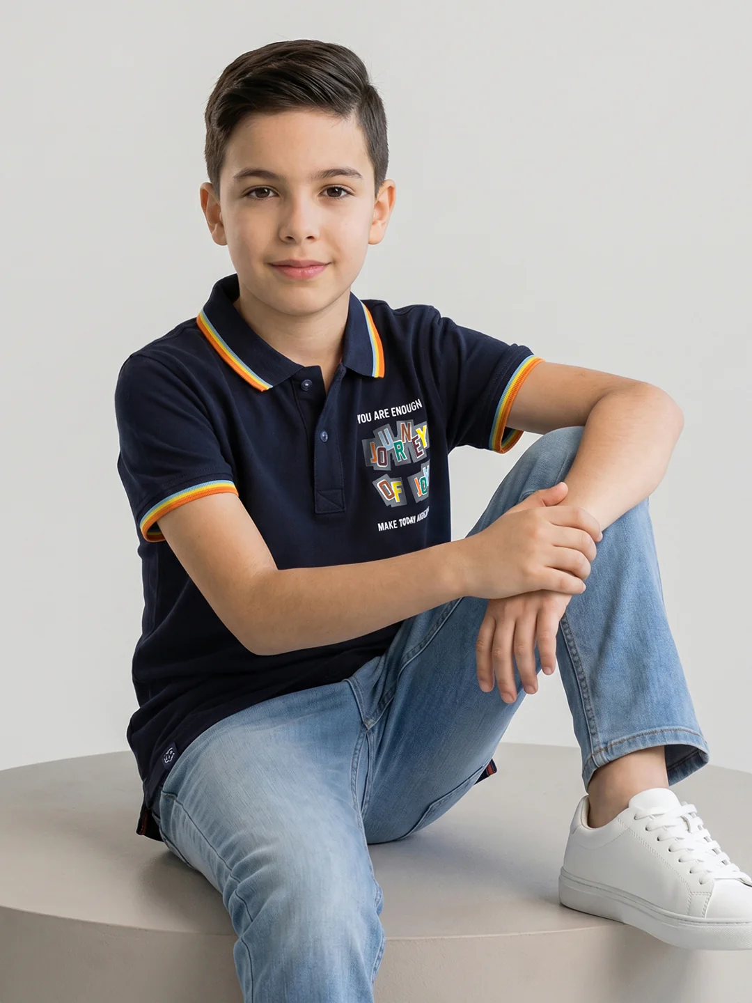 Boys Navy Blue Printed Collar Half Sleeve T-Shirt - Image 4