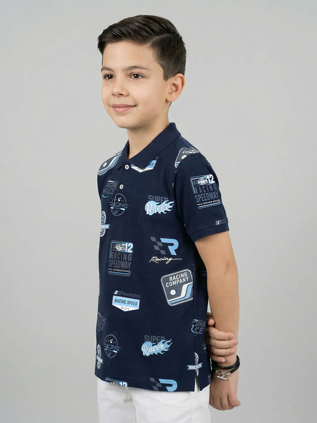 Boys Navy Blue Printed Collar Half Sleeve T-Shirt - Image 2