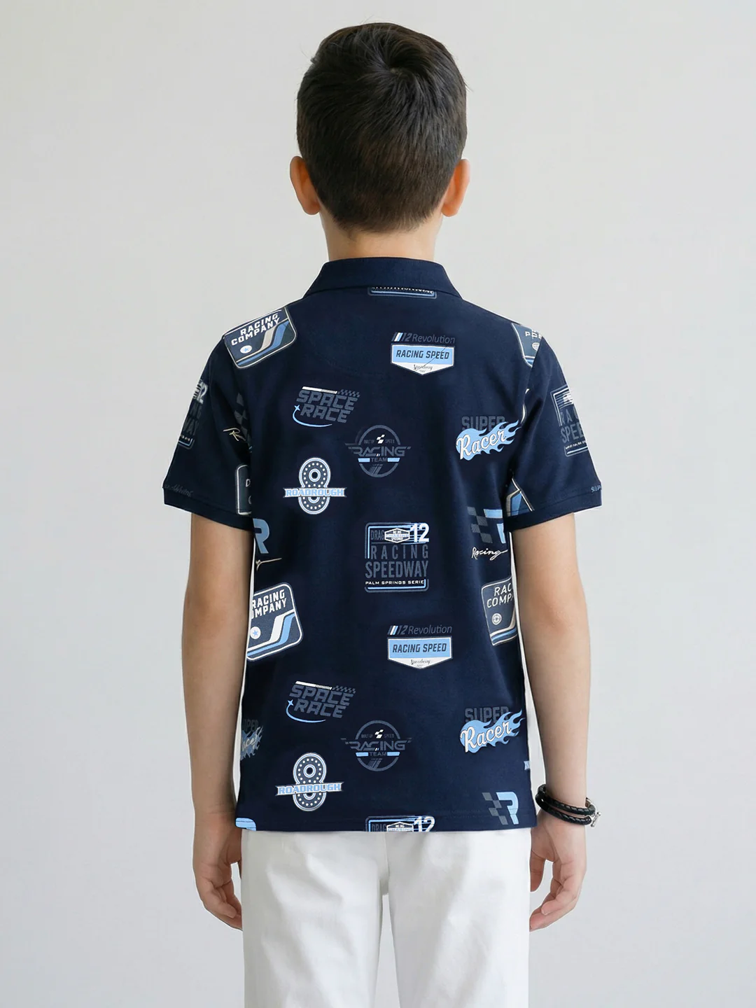 Boys Navy Blue Printed Collar Half Sleeve T-Shirt - Image 4