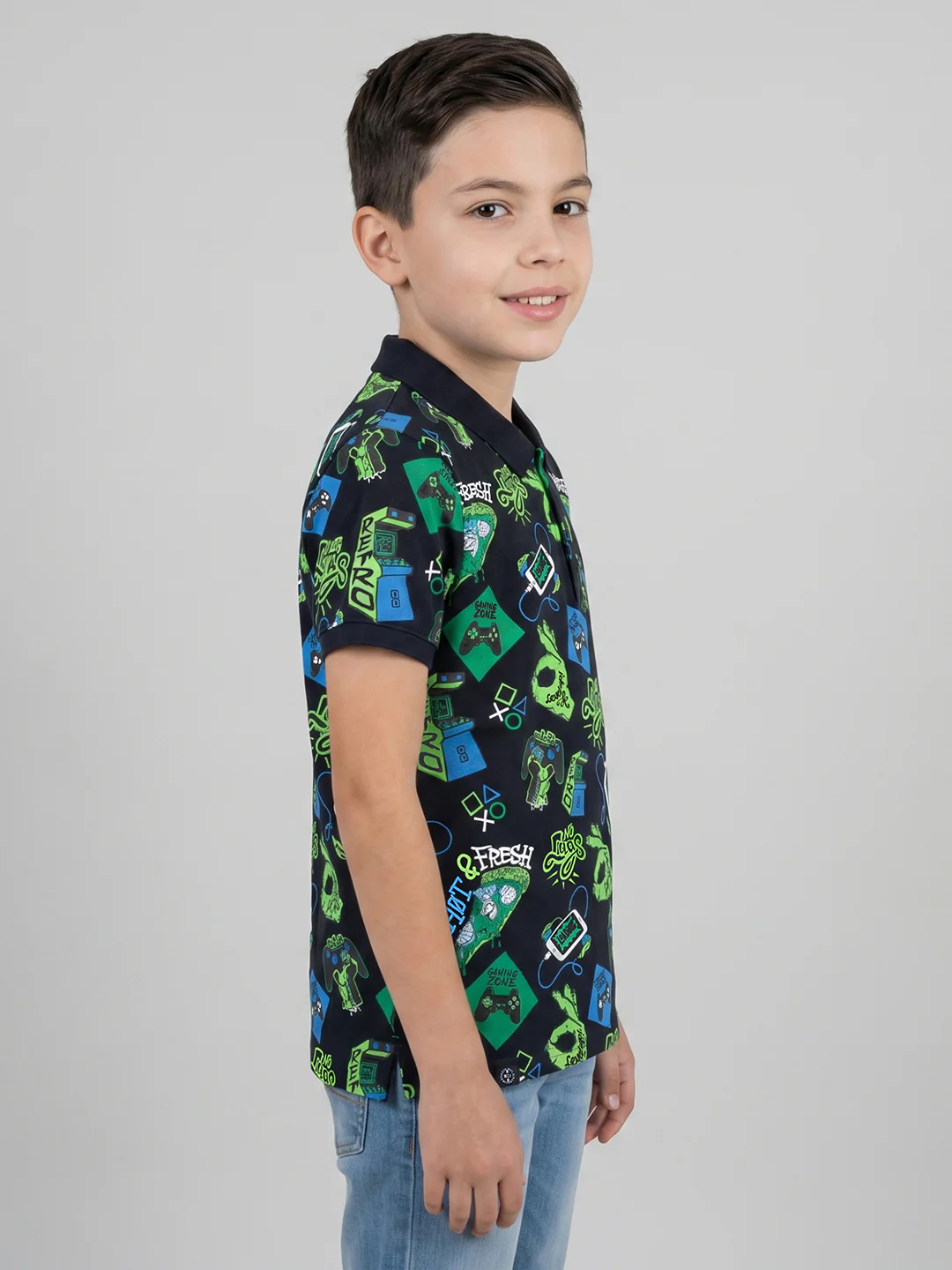 Boys Navy Blue Printed Collar Half Sleeve T-Shirt - Image 2