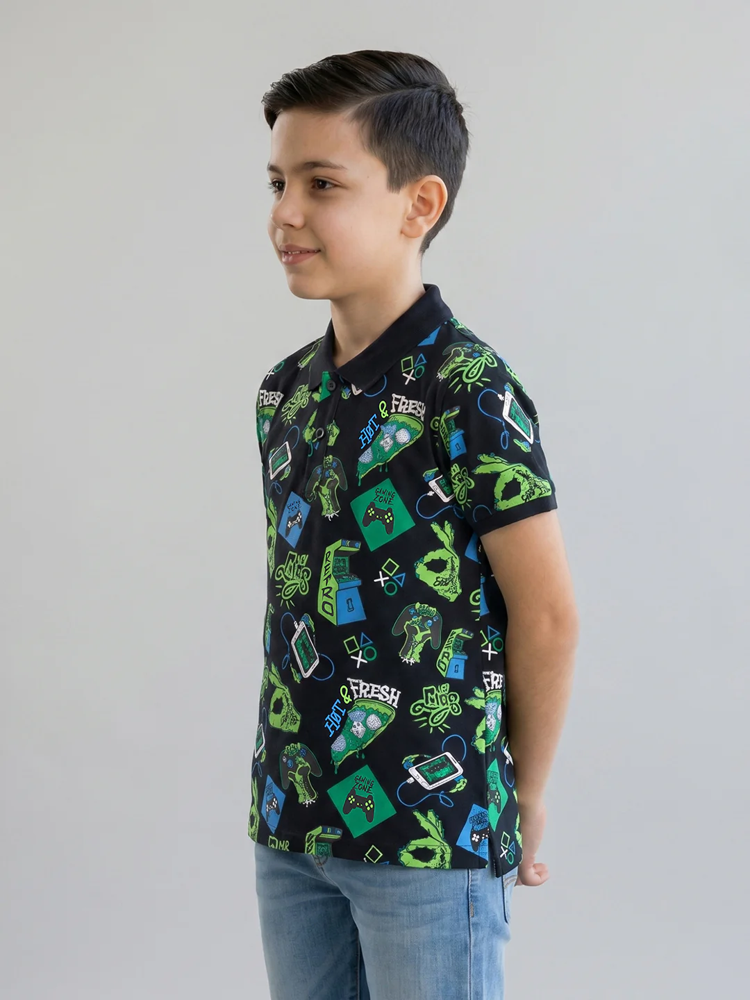 Boys Navy Blue Printed Collar Half Sleeve T-Shirt - Image 3