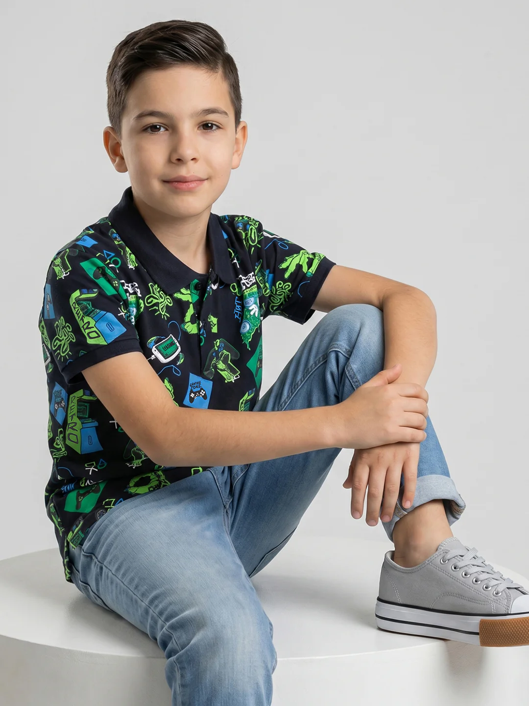 Boys Navy Blue Printed Collar Half Sleeve T-Shirt - Image 5