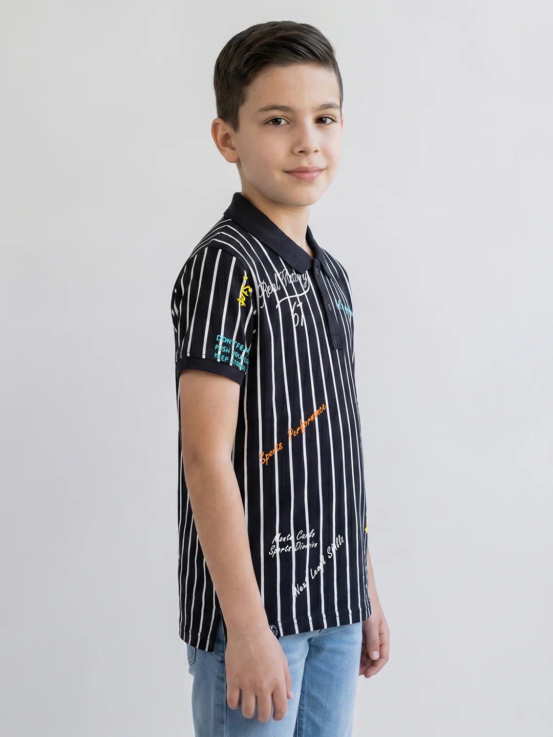 Boys Navy Blue Printed Collar Half Sleeve T-Shirt - Image 2