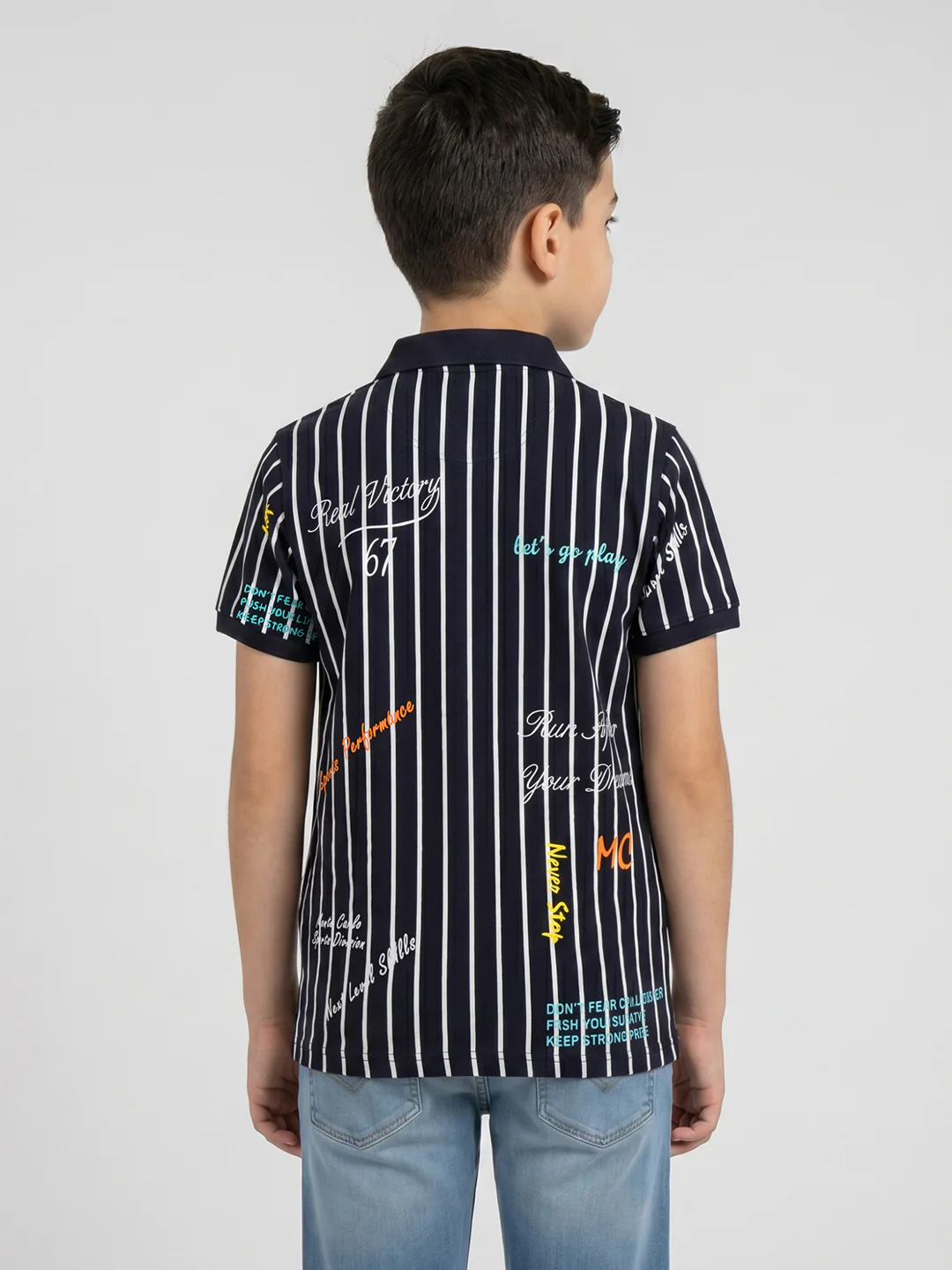 Boys Navy Blue Printed Collar Half Sleeve T-Shirt - Image 4