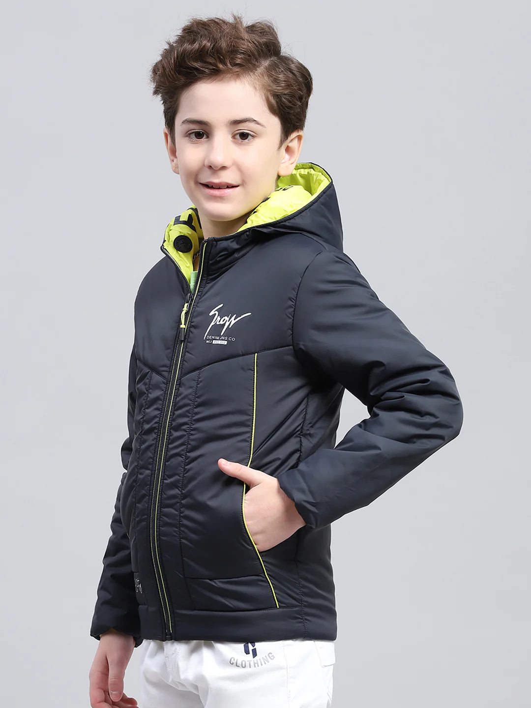 Boys Navy Blue Printed Hooded Full Sleeve Jacket - Image 3