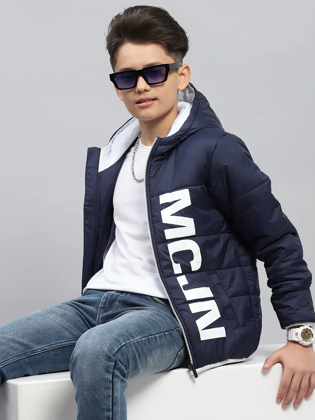 Boys Navy Blue Printed Hooded Full Sleeve Jacket - Image 6