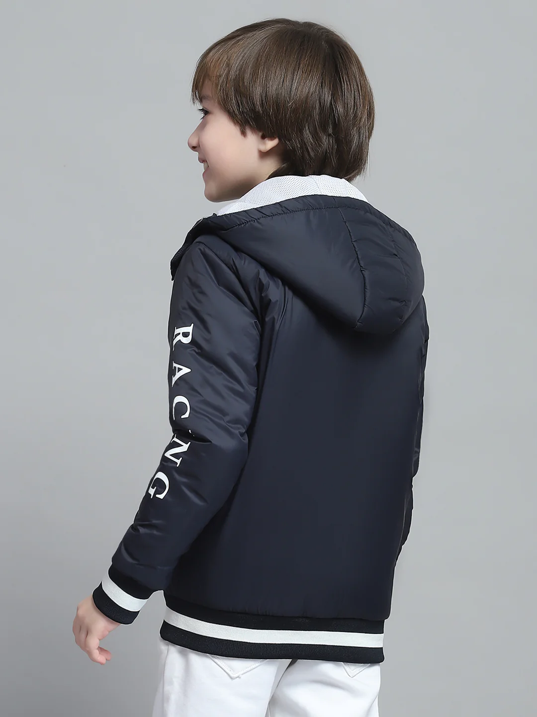 Boys Navy Blue Printed Hooded Full Sleeve Jacket - Image 5