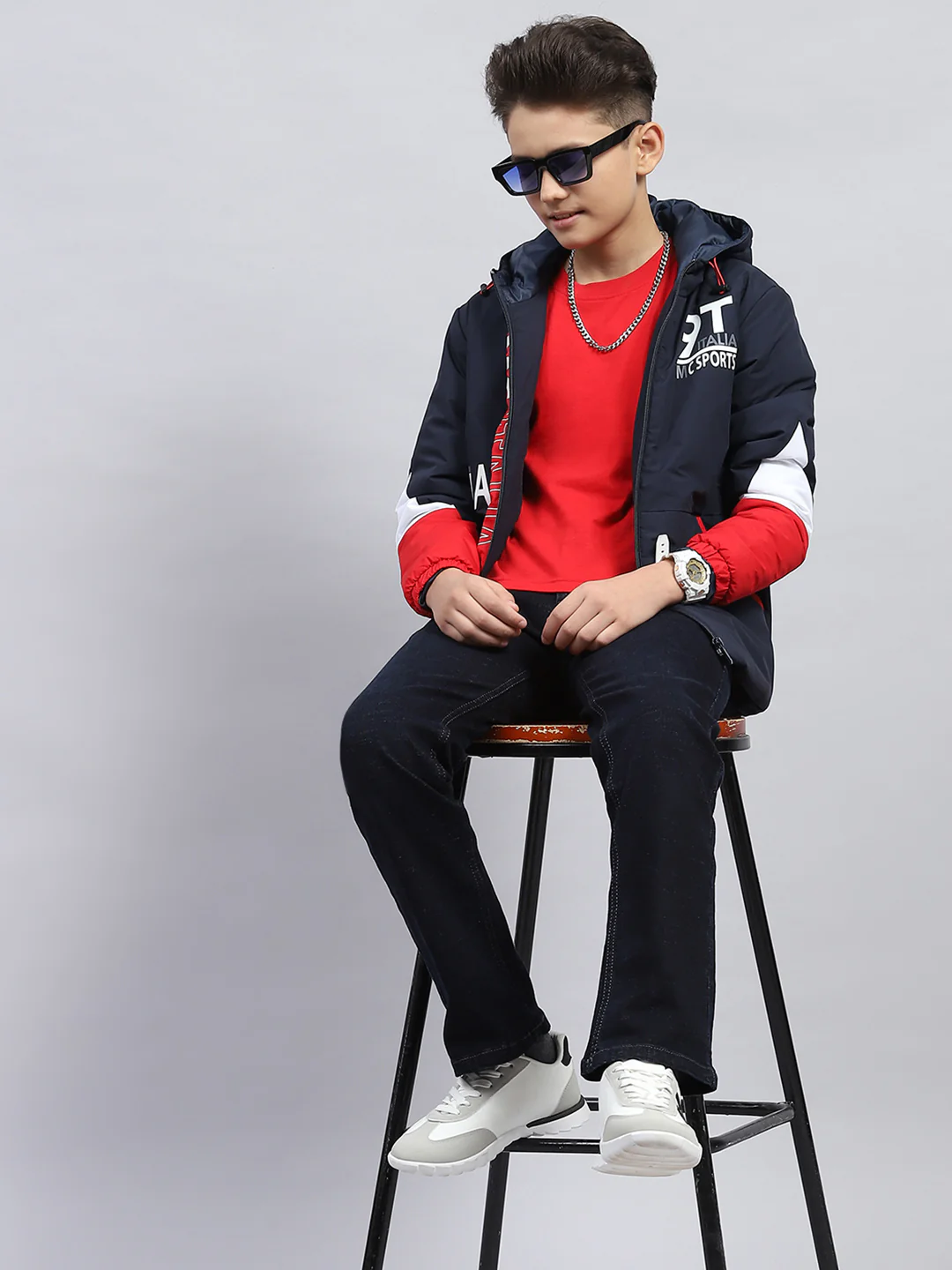 Boys Navy Blue Printed Hooded Full Sleeve Jacket - Image 2